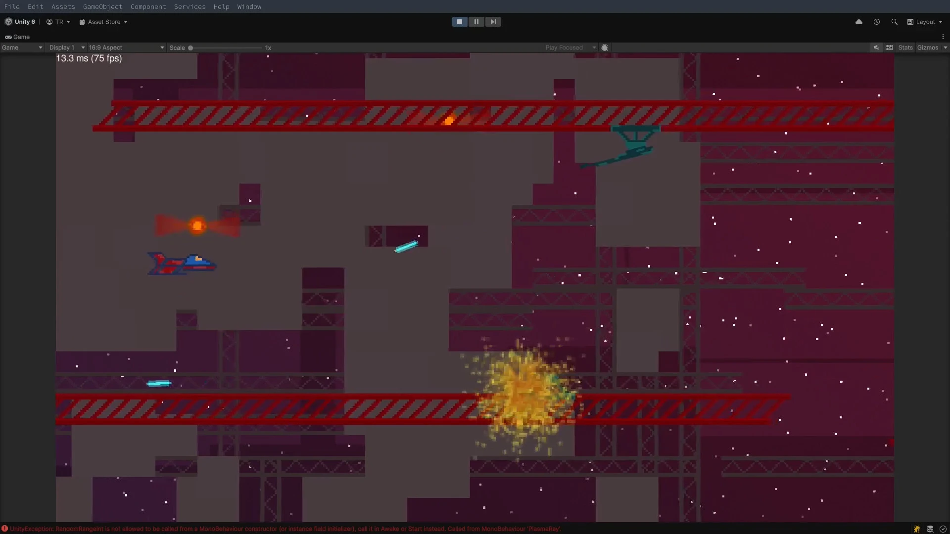 Red spaceship destroying a turret