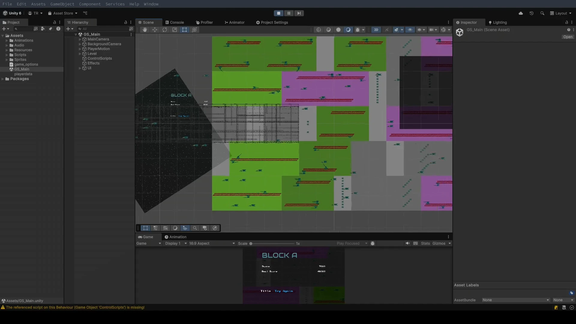 Unity editor showing systematically placed hand-made level blocks with differently colored backgrounds