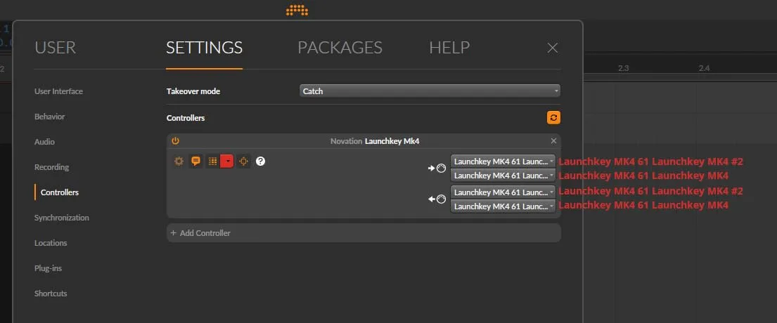 A Bitwig screenshot showcasing the correct interface order: 1) `Launchkey MK4 61 Launchkey MK4 #2` 2) `Launchkey MK4 61 Launchkey MK4` 3) `Launchkey MK4 61 Launchkey MK4 #2` 4) `Launchkey MK4 61 Launchkey MK4`
