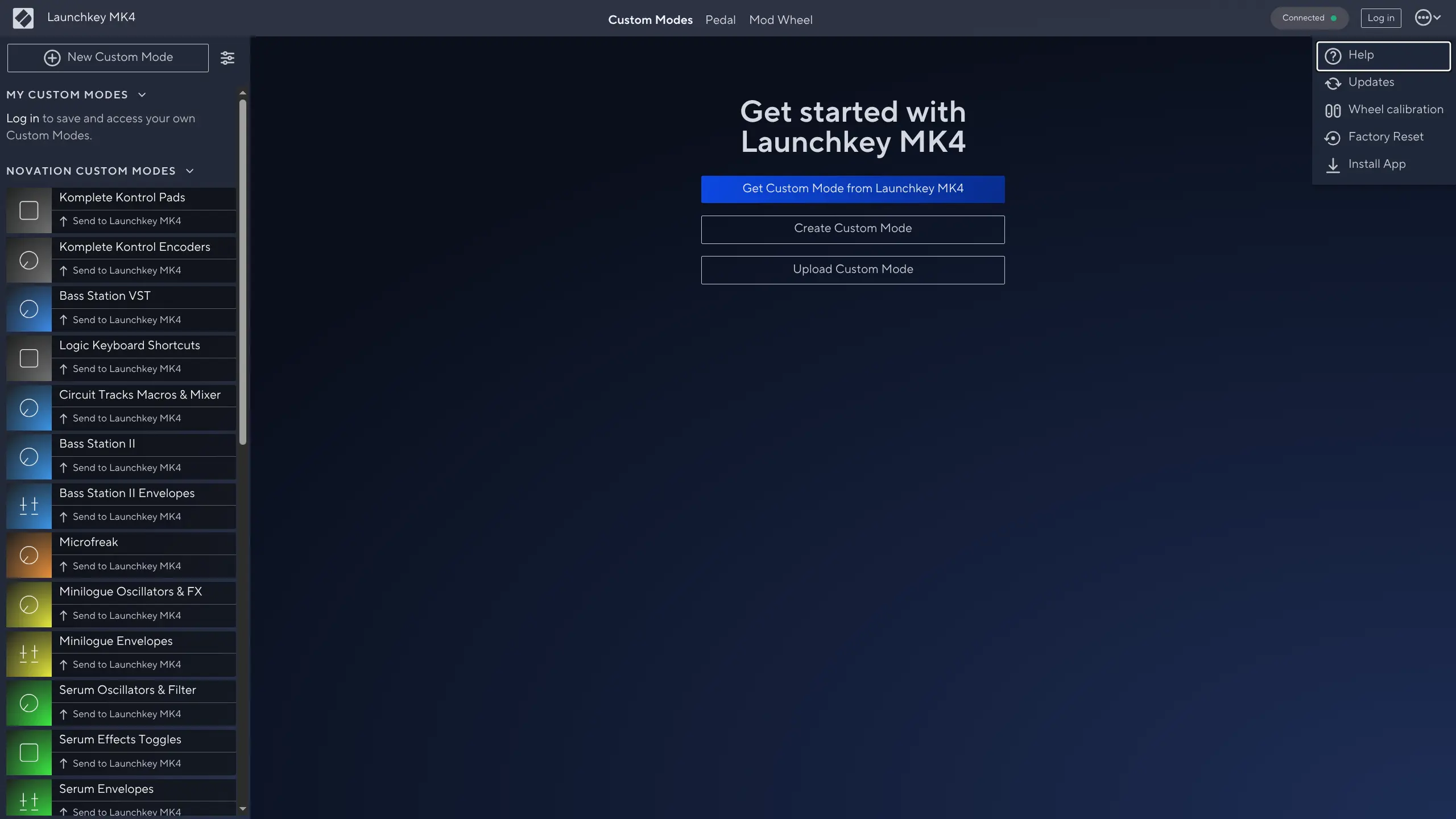 Screenshot of the Novation Components website with a Launchkey 61 MK4 connected. The “Custom Modes” page is open, showing a sidebar of Novation preset modes on the left, setup options in the center, and a top-right menu with Help, Updates, Wheel calibration, Factory Reset, and Install App.