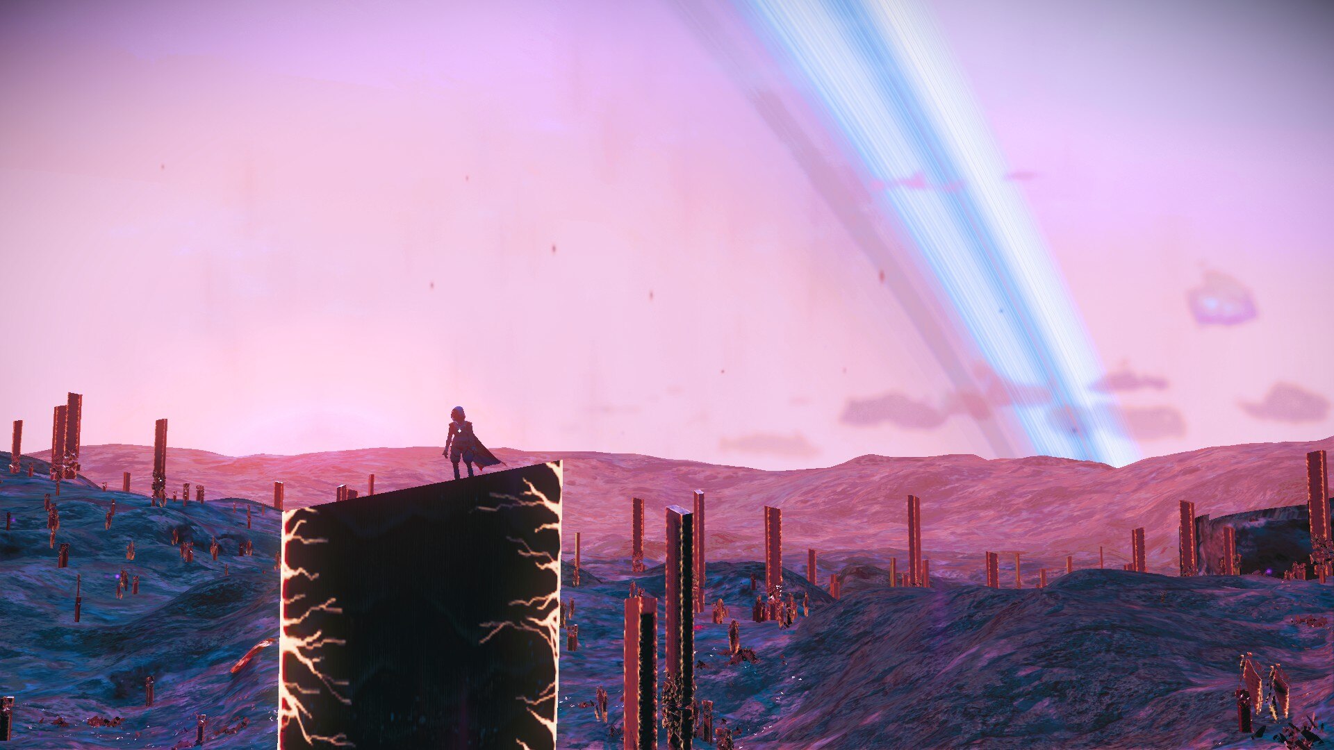 A Traveller standing on a strange pillar on an unknown world