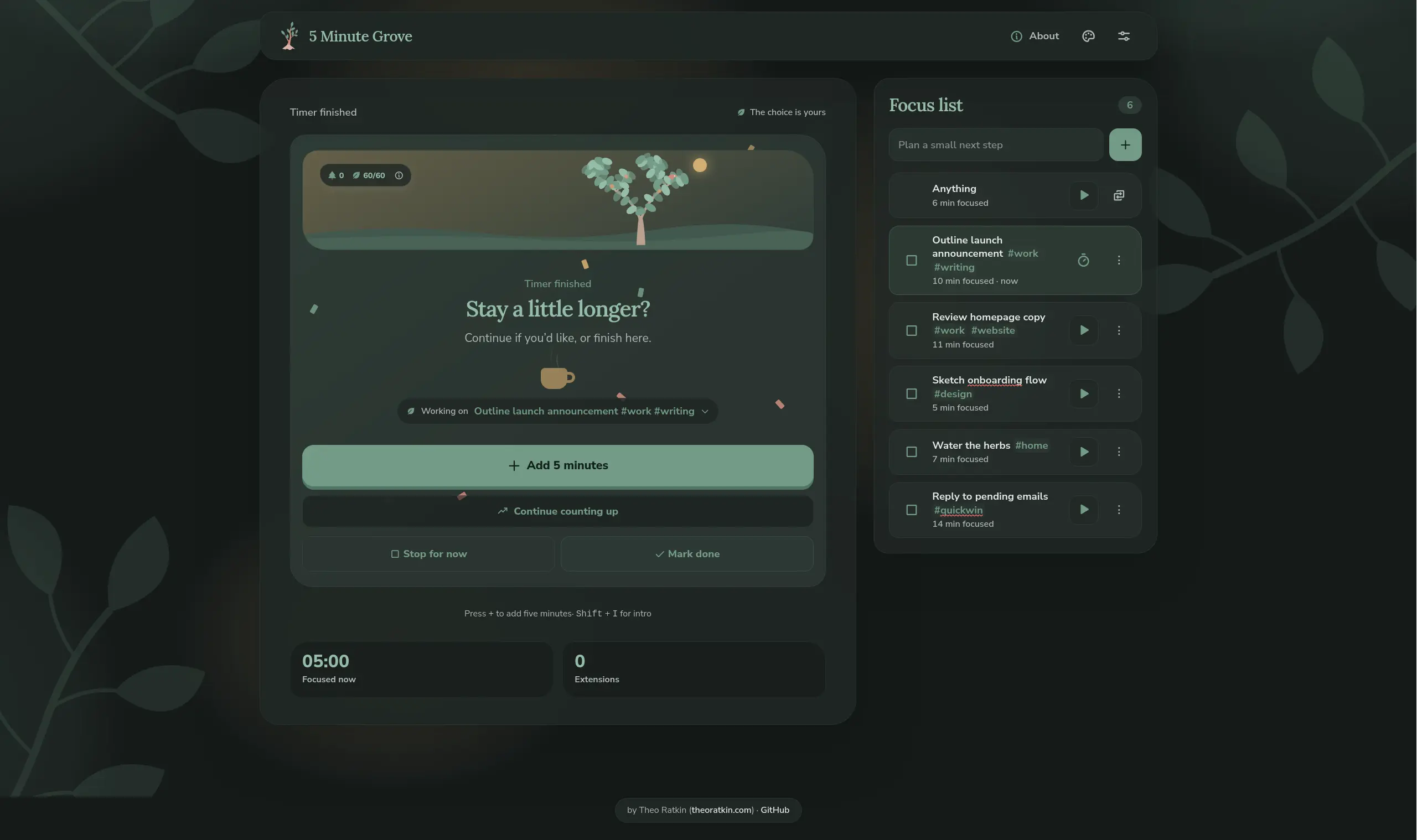 Current version 5 Minute Grove with "Quiet night" color theme