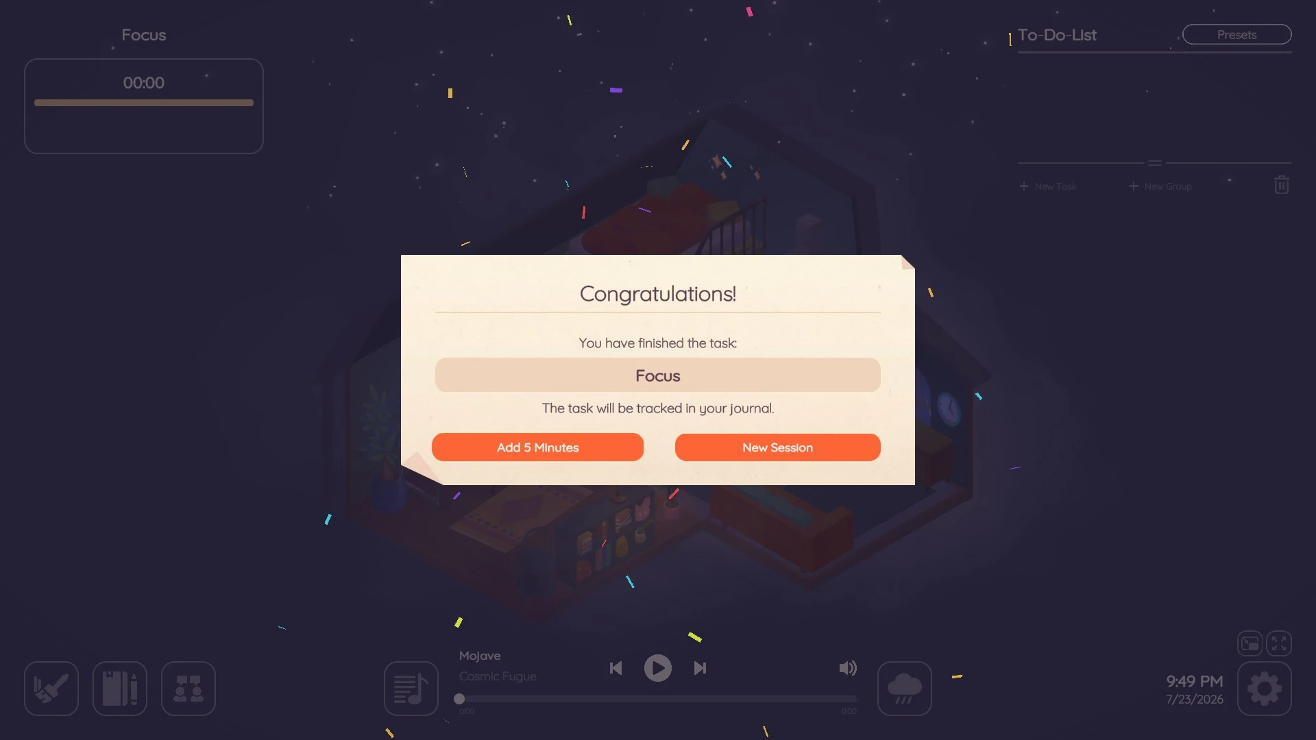 Timer finish screen in Virtual Cottage 2 with "Add 5 minutes" and "New session" buttons