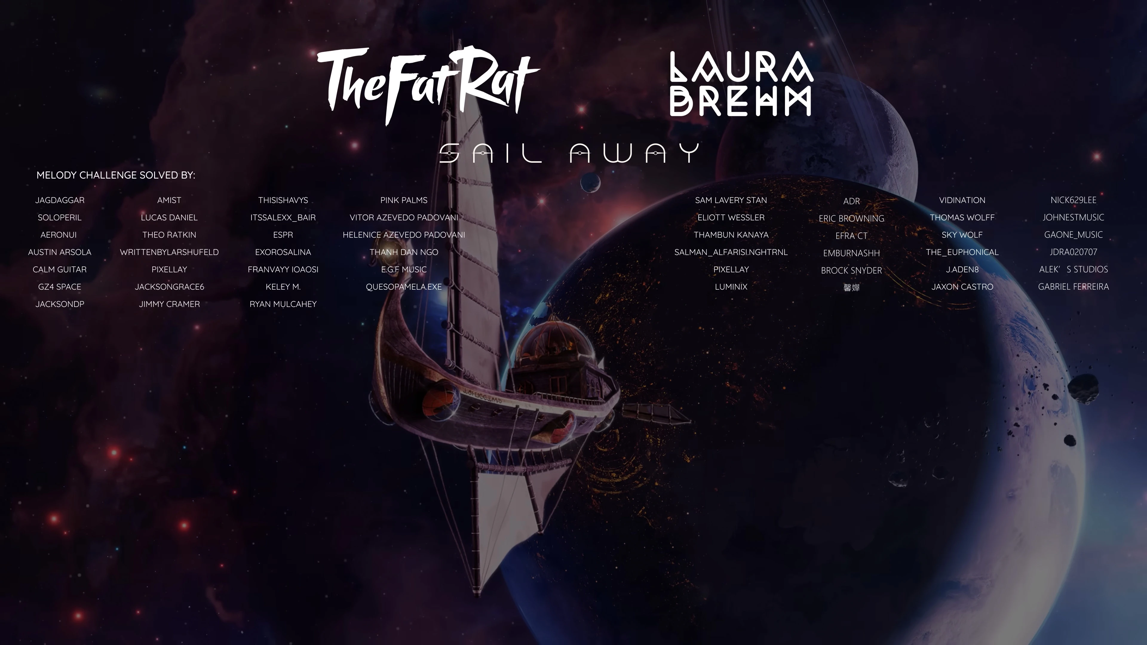 End of TheFatRat's Sail Away video with a list of people who solved the melody challenge, Theo Ratkin among them.